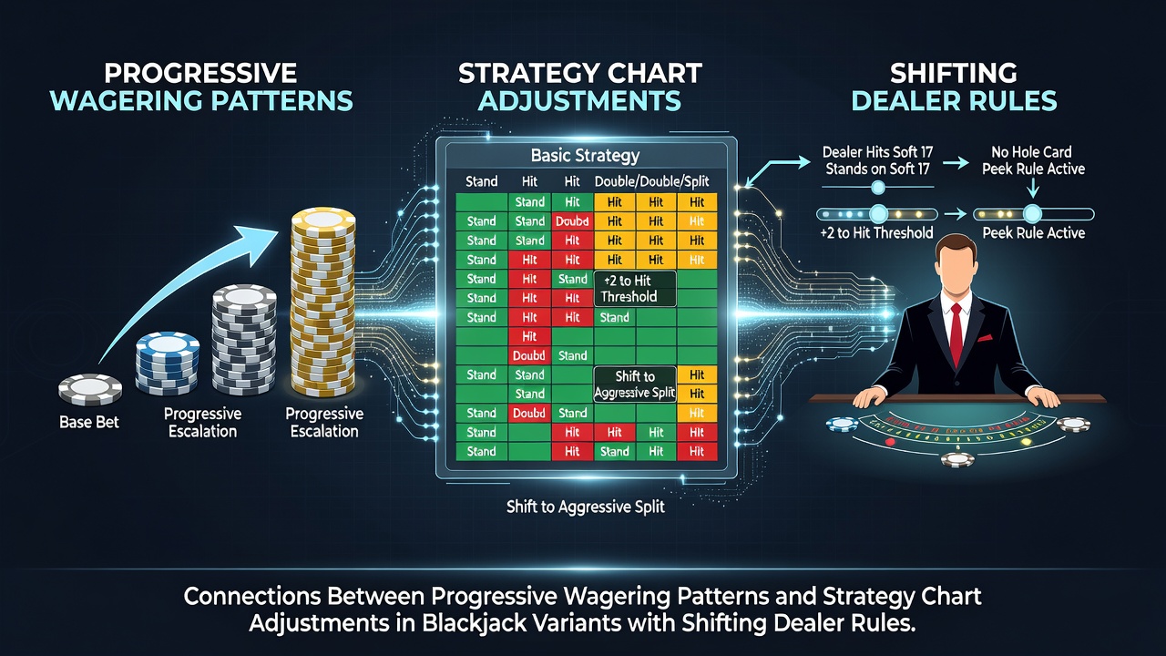 Blackjack-Tisch mit progressiven Wettsystemen und Strategiekarten unter variablen Dealer-Regeln