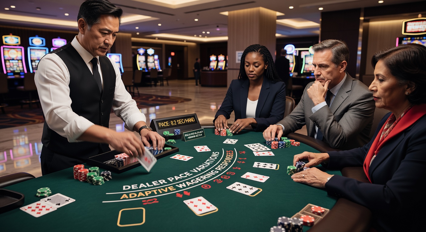 Darstellung von Blackjack-Tischen mit unterschiedlichen Händlergeschwindigkeiten in einem regulierten Casino-Umfeld