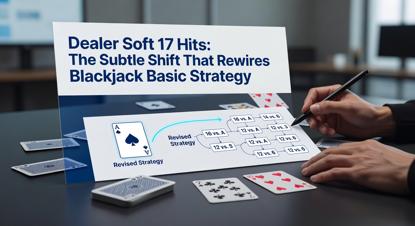 Blackjack-Tisch mit Dealerkarten, die Soft 17 zeigen, und Strategietafel im Hintergrund