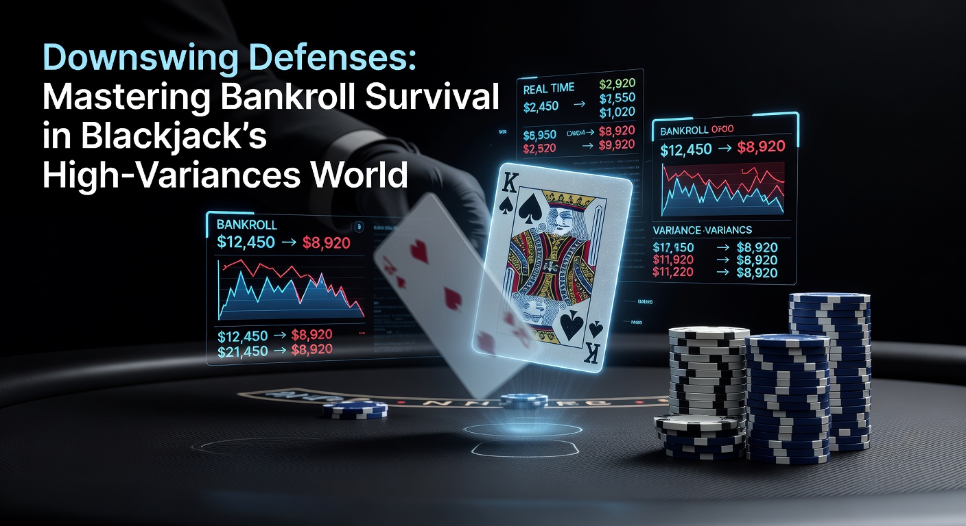 Grafik einer Blackjack-Tabelle mit fallender Bankroll-Kurve während eines Downswings, die die Volatilität des Spiels illustriert