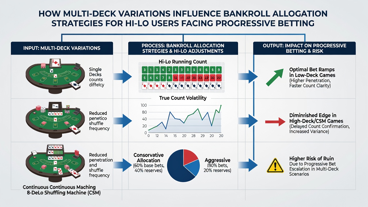 Grafik illustriert Bankroll-Segmente und Einsatzanpassungen bei unterschiedlichen Deck-Anzahlen in progressiven Blackjack-Varianten