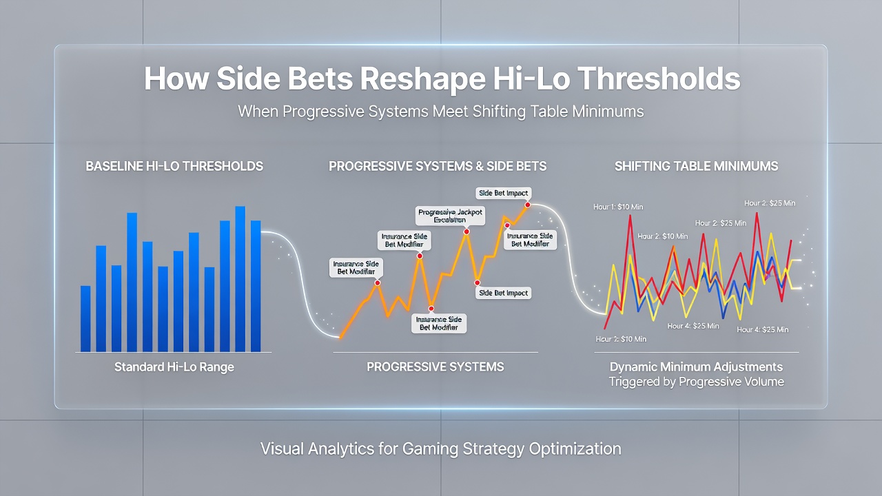 Progressive betting chart overlaid on Hi-Lo count thresholds with side bet examples