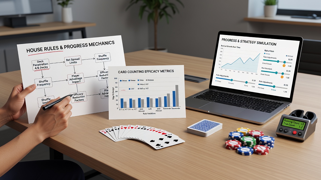 Progressive jackpot meter and blackjack strategy charts on casino floor